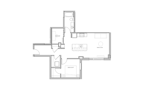 Floor plan for 1 bed, 1 bath, 869 sqft